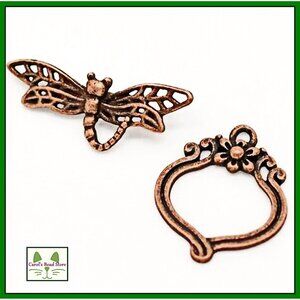 Antique Copper Finish Dragonfly & Flower Toggle Clasp  29mm, Ring is 20mm